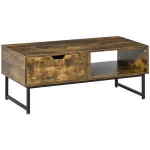 Best Industrial Coffee Table, Centre Table with Storage Shelf, Drawer and Metal Frame, Coffee Tables for Living Room, Office, 106W x 48D x 43H cm, Rustic Brown