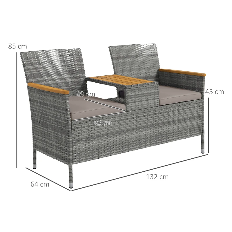 Best Two-Seat Rattan Loveseat, with Wood-Top Middle Table - Grey - Image 3