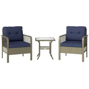 Best 3 Pieces Rattan Bistro Set with Glass Top Coffee Table, Chairs and Cushions for Outdoor, Patio, Balcony, Charcoal Grey