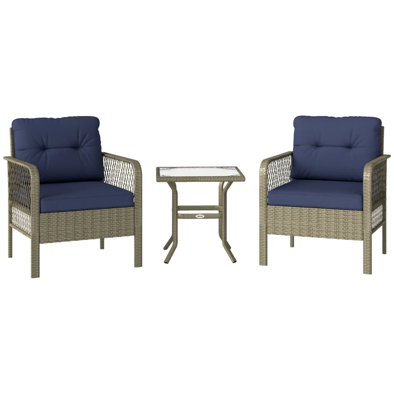 Best 3 Pieces Rattan Bistro Set with Glass Top Coffee Table, Chairs and Cushions for Outdoor, Patio, Balcony, Charcoal Grey