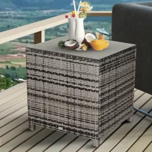 Best Square PE Rattan Garden Table, with Glass Table Top - Grey