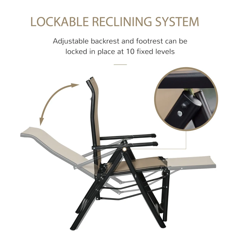 Outdoor Set of 2 Outdoor Sun Lounger 10-Position Adjustable Texteline Folding Reclining Chairs with Footrest for Patio Garden, Beige - Image 5