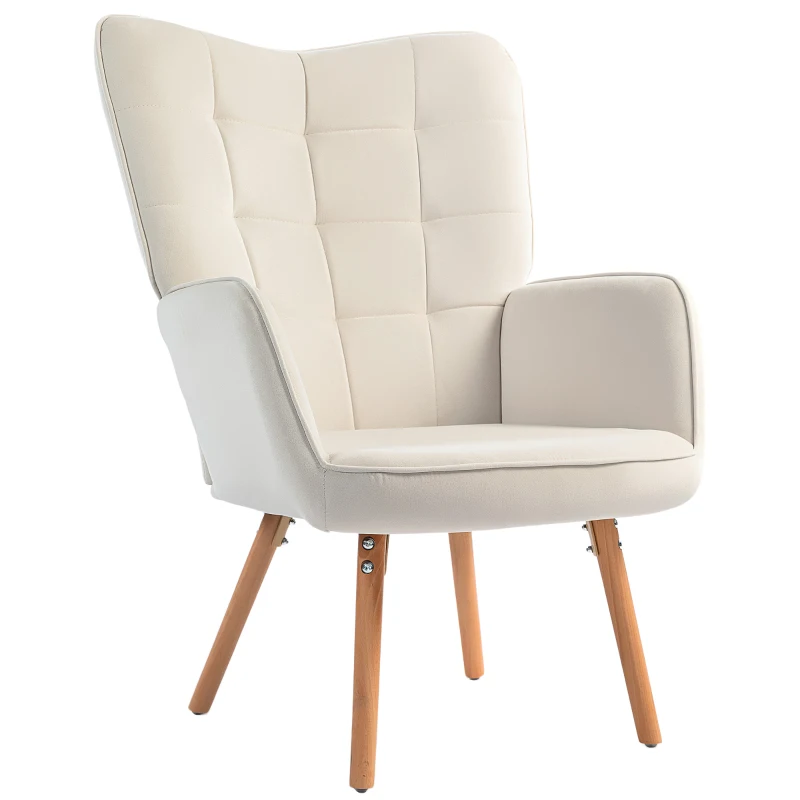 Best Modern Accent Chair, Upholstered Tufted Wingback Armchair with Seat Padding, Velvet Leisure Lounge Bedroom Chair with Wood Legs, Cream White