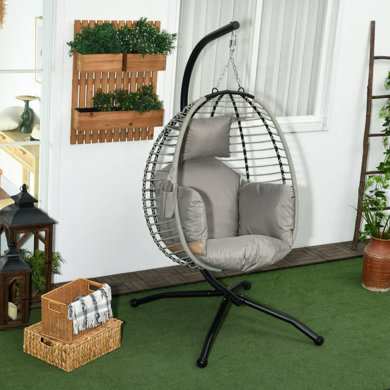 Best Single Rattan Hanging Egg Chair, with Seat Cushion - Grey - Image 2