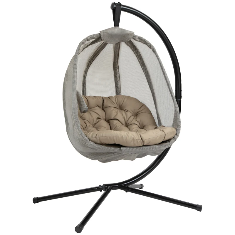 Best Hanging Egg Chair, Folding Texteline Swing Hammock with Side Pocket, Cushion and Stand for Indoor Outdoor, Patio Garden Furniture, Khaki