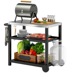 Best Outdoor Grill Dining Cart 3-Shelf Movable Pizza Oven Table Stand with Stainless Steel Top, Portable BBQ Trolley Food Prep Outdoor Kitchen BBQ Station with Hooks Wheels Handle, Charcoal Grey