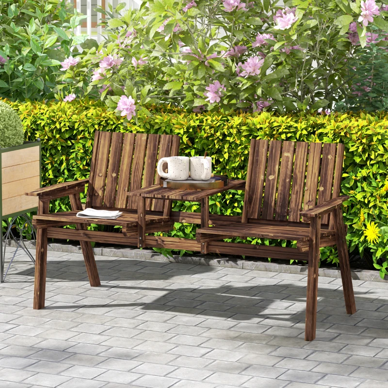 Best 2-Seater Garden Bench with Table & Parasol Hole, Antique Loveseat for Porch, Patio, Carbonised Finish - Image 2