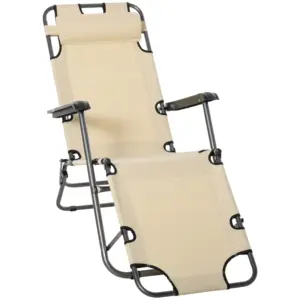 Best 2 in 1 Sun Lounger Folding Reclining Chair Garden Outdoor Camping Adjustable Back with Pillow, Beige