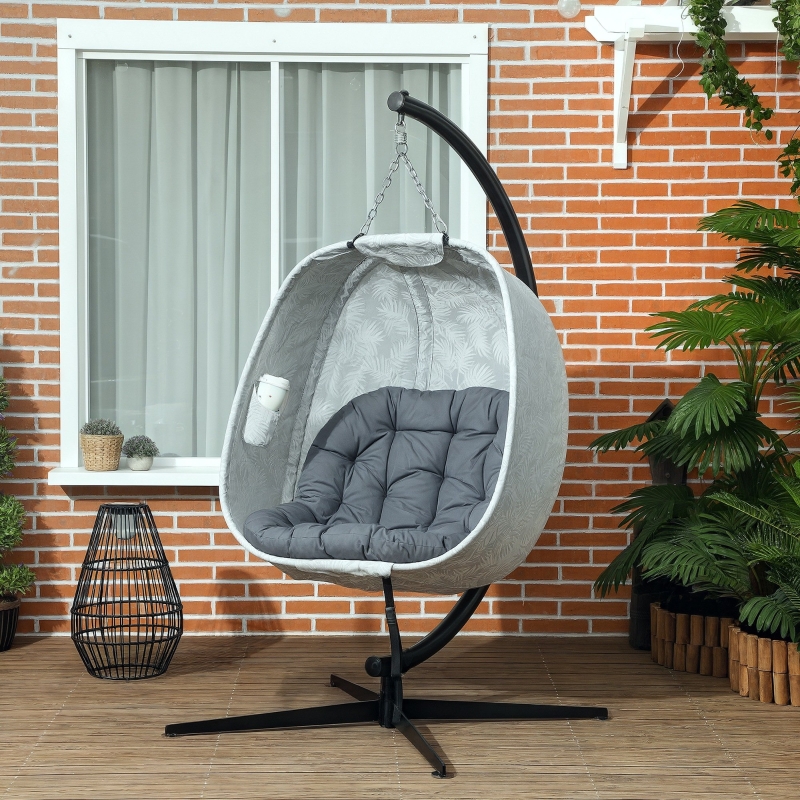 Best Hanging Egg Chair Outdoor Indoor Garden Swing Chair with Folding Basket, Garden Hanging Chair with Stand, Thickened Cushion, Cup Holder for Patio, Balcony, Grey - Image 10