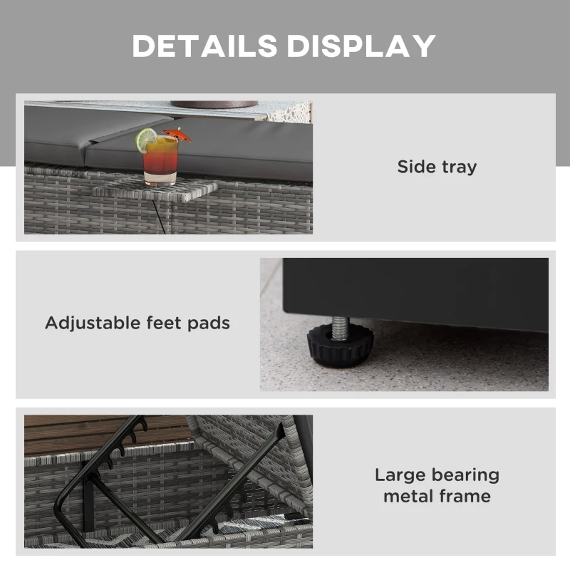 Best Outdoor Patio PE Rattan Lounger with Cushion, 5-Level Reclining Wicker Rattan Sun Lounger with Tea Tray, for Poolside, Patio, Deck, 120kg Weight Capacity, Grey - Image 7