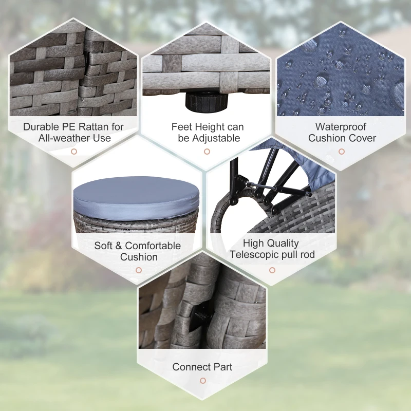 Best PE Rattan Lounge Set, 5 Pieces Patio Conversation Furniture Set, Garden Round Sofa Bed with Cushion and Retractable Canopy, Grey - Image 4