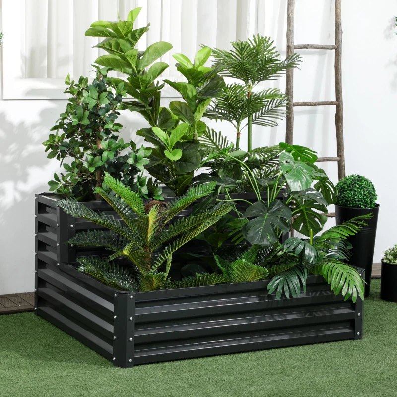 Best 2 Tier Raised Garden Bed, Galvanised Planter Box with Open Bottom for Vegetables Flowers Herbs, 120x101x58cm, Dark Grey - Image 2