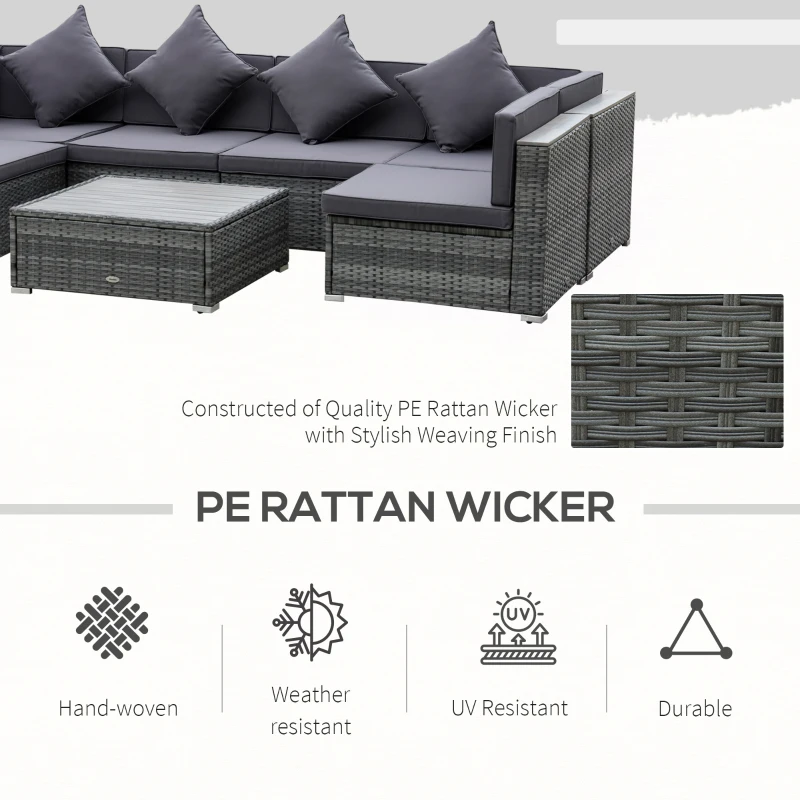 Best 7 Pieces Patio Wicker Sofa Set, Outdoor PE Rattan Sectional Furniture Set w/ Acacia Table Top & Cushion for Garden, Backyard, Grey - Image 4