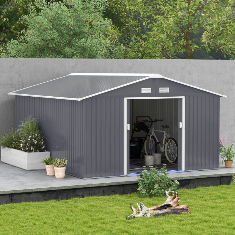 Best 13 x 11ft Metal Garden Shed, Outdoor Storage Tool House with Ventilation Slots, Foundation Kit and Lockable Double Doors, Grey - Image 10
