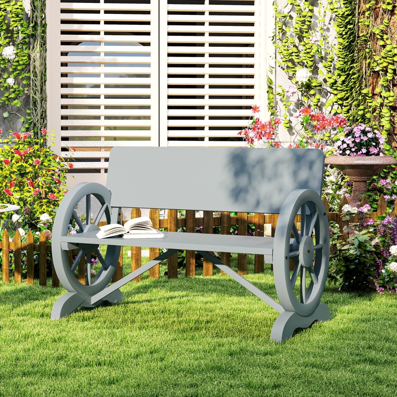 Best Fir Wood 2-Seater Outdoor Garden Wagon Wheel Bench, Grey - Image 9