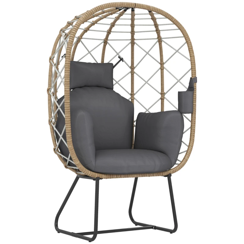 Best Rattan Egg Chair Outdoor Indoor Wicker Chair with Thickened Cushion and Headrest, Standing Garden Egg Chair with Cup Holder, Metal Frame for Patio, Balcony, Brown