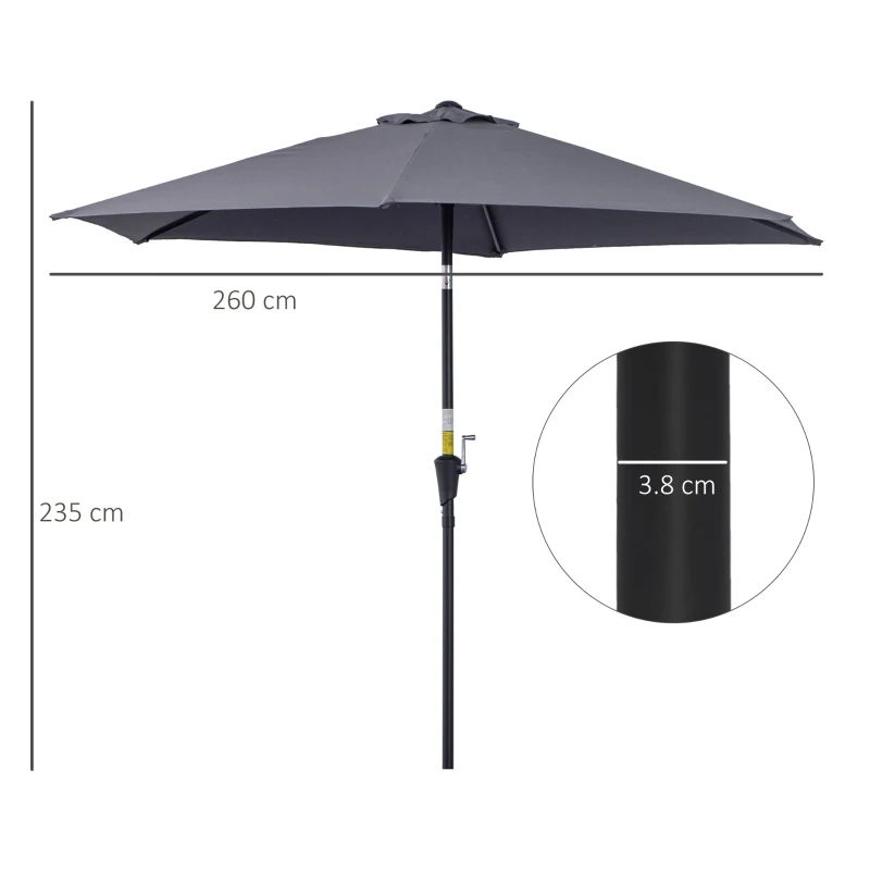 Best 2.6M Garden Parasol Umbrella with Tilt and Crank, Outdoor Sun Parasol Sunshade Shelter with Aluminium Frame, Grey - Image 3