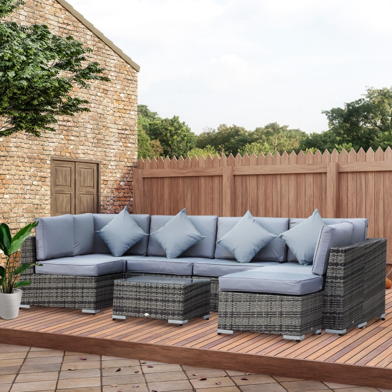 Best 8 Pieces PE Rattan Corner Sofa Set with Thick Cushions, Aluminium Outdoor Rattan Garden Furniture Set with Glass Top Table, No Assembly Required, Grey - Image 10