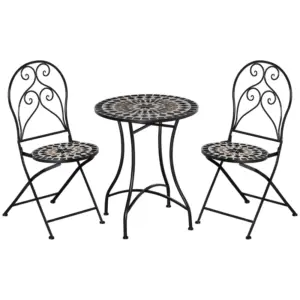 Best 3 Piece Garden Bistro Set with Coffee Table and 2 Folding Chairs, Mosaic Tile Top and Seats, Metal Frame, for Patio Balcony