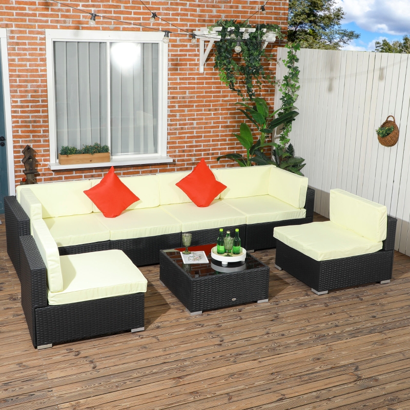 Best Seven-Piece Rattan Garden Set, with Glass-Top Table - Black/Beige - Image 10