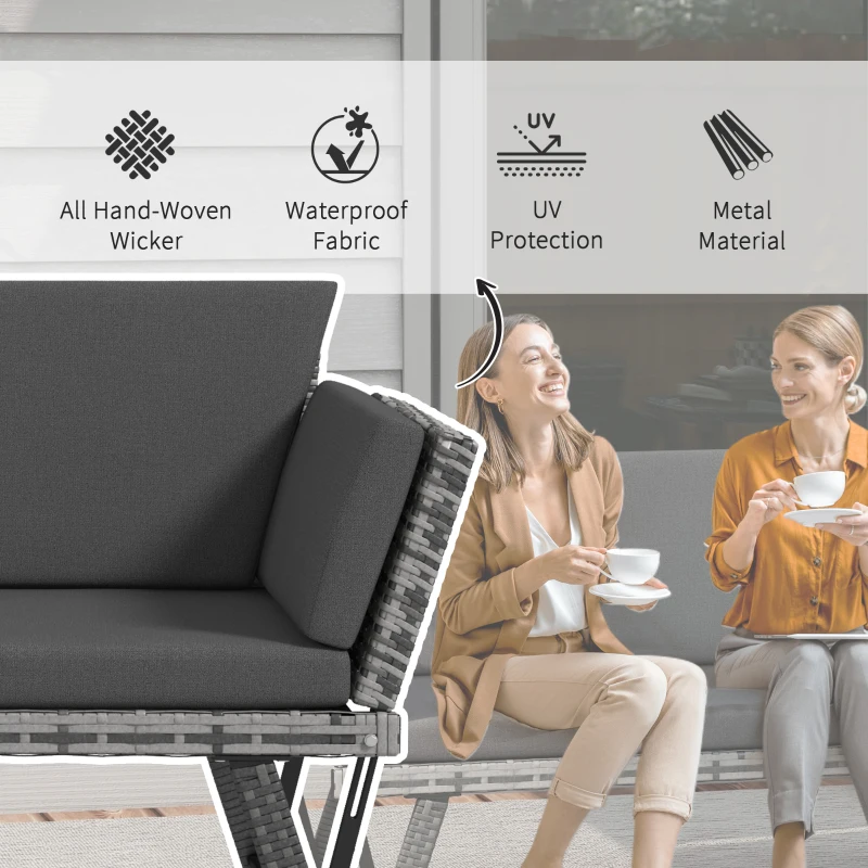 Best 2 Seater Rattan Sofa with Cushions, 2-in-1 PE Rattan Daybed Sofa with Left Up or Down Armrests, Garden Chaise Lounger Loveseat for Outdoor, Patio, Mixed Grey - Image 5