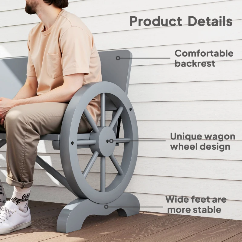 Best Fir Wood 2-Seater Outdoor Garden Wagon Wheel Bench, Grey - Image 5