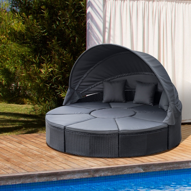 Best 4 Pieces PE Rattan Garden Daybed Set, Outdoor Wicker Cushioned Round Sofa Bed Conversation Furniture with Coffee Table & Canopy, Black - Image 10