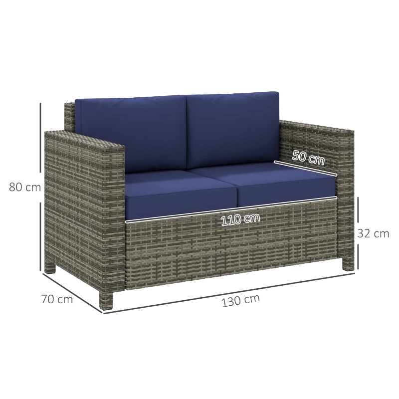 Best Rattan Sofa, 2 Seater Garden Furniture with Soft Padded Cushion and Armrests, Wicker Garden Loveseat for Patio, Navy Blue - Image 3
