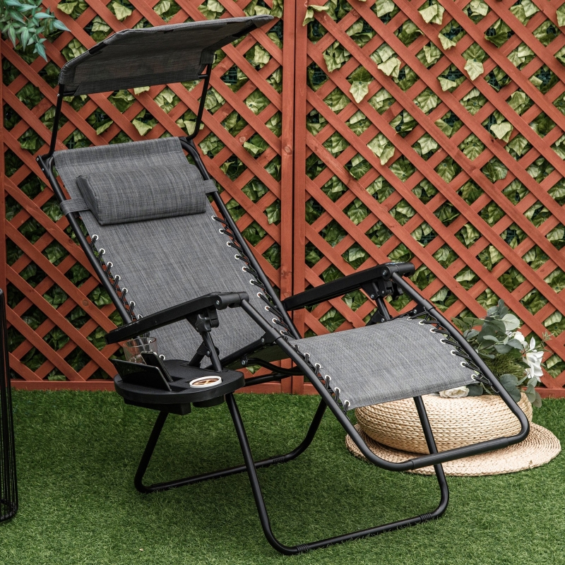 Best Foldable Reclining Garden Chair with Headrest, Zero Gravity Deck Sun Lounger Seat Chair with Footrest, Armrest, Cup Holder & Canopy Shade, Light Grey - Image 12