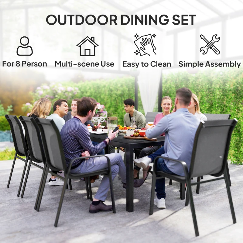 Best 8 Seater Garden Dining Set with Stacking Chairs, Rectangular Tempered Glass Top, Garden Furniture Set, Outdoor Dining Table and Chairs for Patio, Balcony, Poolside, Dark Grey - Image 6