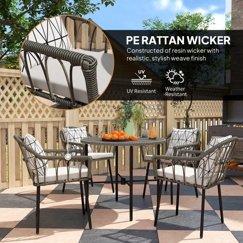 Best 5 Piece Patio Rattan Dining Set, Wicker Garden Table and Chairs w/ Removable Seat & Back Cushions, Round Tempered Glass Tabletop, Parasol Hole, Outdoor Furniture Conservatory Set, Grey - Image 4