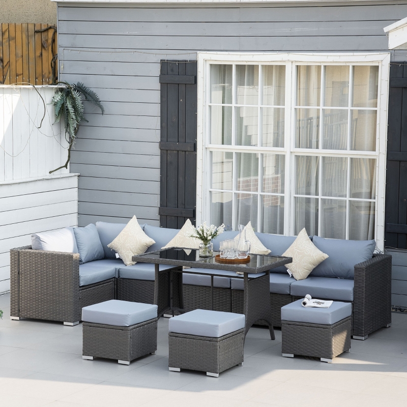 Best 9-Seater Garden Rattan Furniture 10 Pcs Rattan Corner Dining Sofa Set, Grey/Dusty Blue Cushion - Image 12