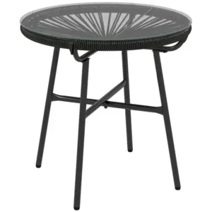 Best Rattan Side Table, Round Outdoor Coffee Table, with Round PE Rattan and Tempered Glass Tabletop for Patio, Garden, Balcony, Black
