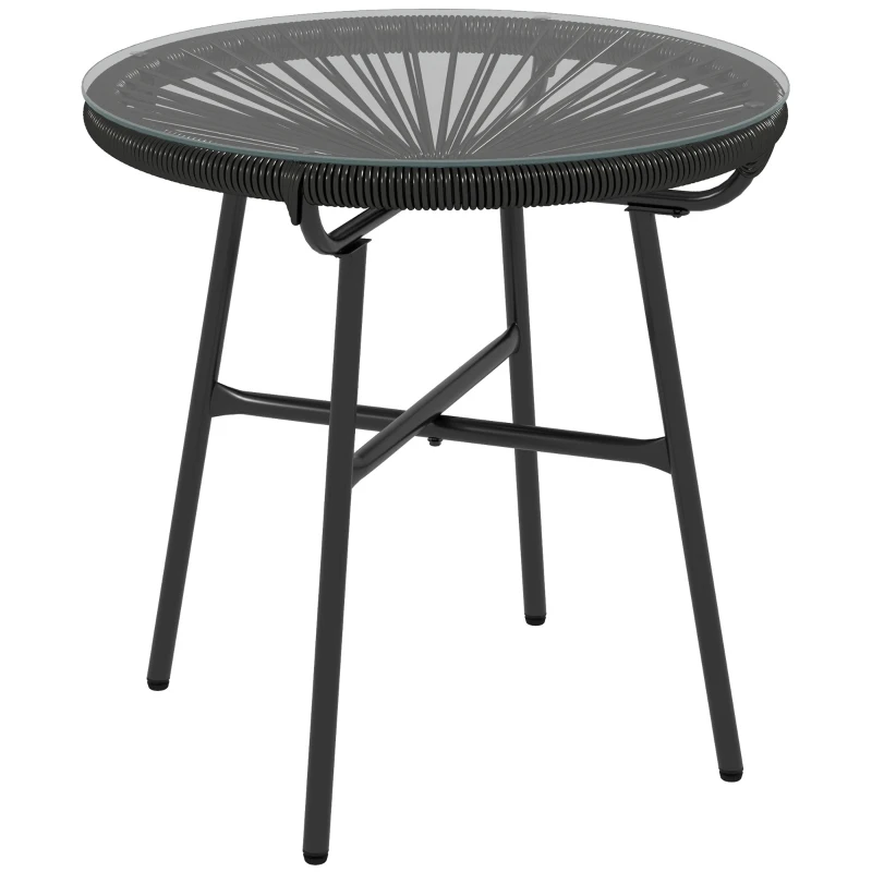 Best Rattan Side Table, Round Outdoor Coffee Table, with Round PE Rattan and Tempered Glass Tabletop for Patio, Garden, Balcony, Black