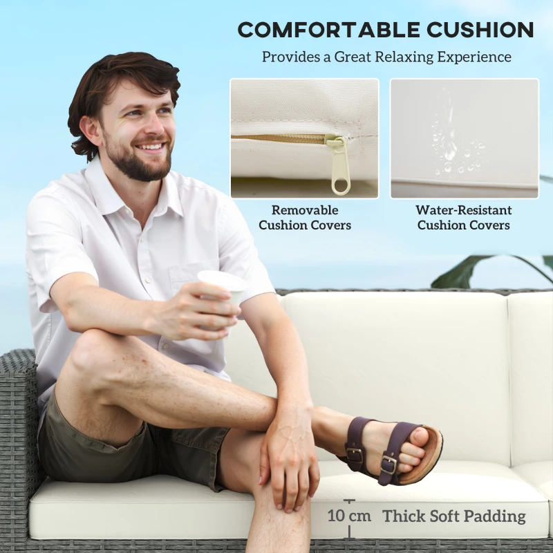 Best 3 Seater Rattan Sofa All-Weather Wicker Weave Metal Frame Chair with Fire Resistant Cushio-Cream - Image 5