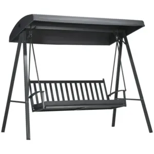 Best 3-Seat Garden Swing Chair, Outdoor Canopy Swing with Removable Cushion, Adjustable Shade, and Slatted Bench, for Porch, Poolside, Backyard, Dark Grey