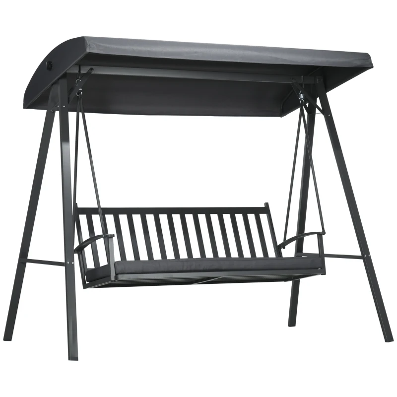 Best 3-Seat Garden Swing Chair, Outdoor Canopy Swing with Removable Cushion, Adjustable Shade, and Slatted Bench, for Porch, Poolside, Backyard, Dark Grey