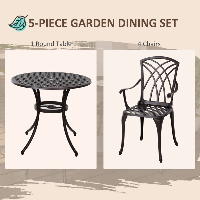 Best 5 Pieces Garden Dining Set for 4, Cast Aluminium Outdoor Dining Set with 4 Armchairs and Round Dining Table with Parasol Hole, Garden Furniture Set, Brown - Image 4