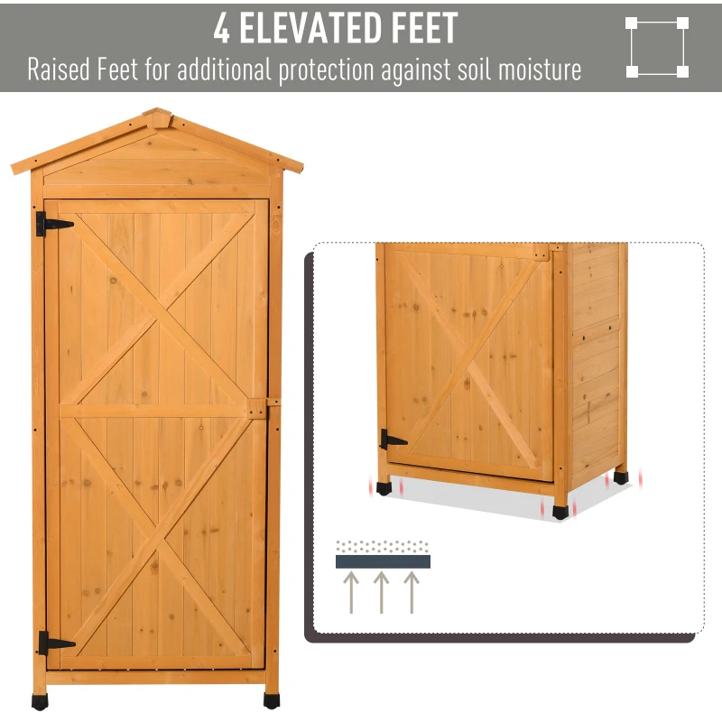 Best Wooden Garden Shed, Outdoor Storage Cabinet with 2 Shelves and Hooks, Locking Organiser Outdoor Narrow Tool House, 74x55x155cm, Yellow - Image 4