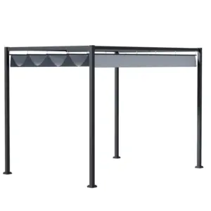 Best 4 x 3(m) Metal Outdoor Pergola with Retractable Roof, Outdoor Gazebo with Drainage Holes for Garden, Patio, Lawn, Grey