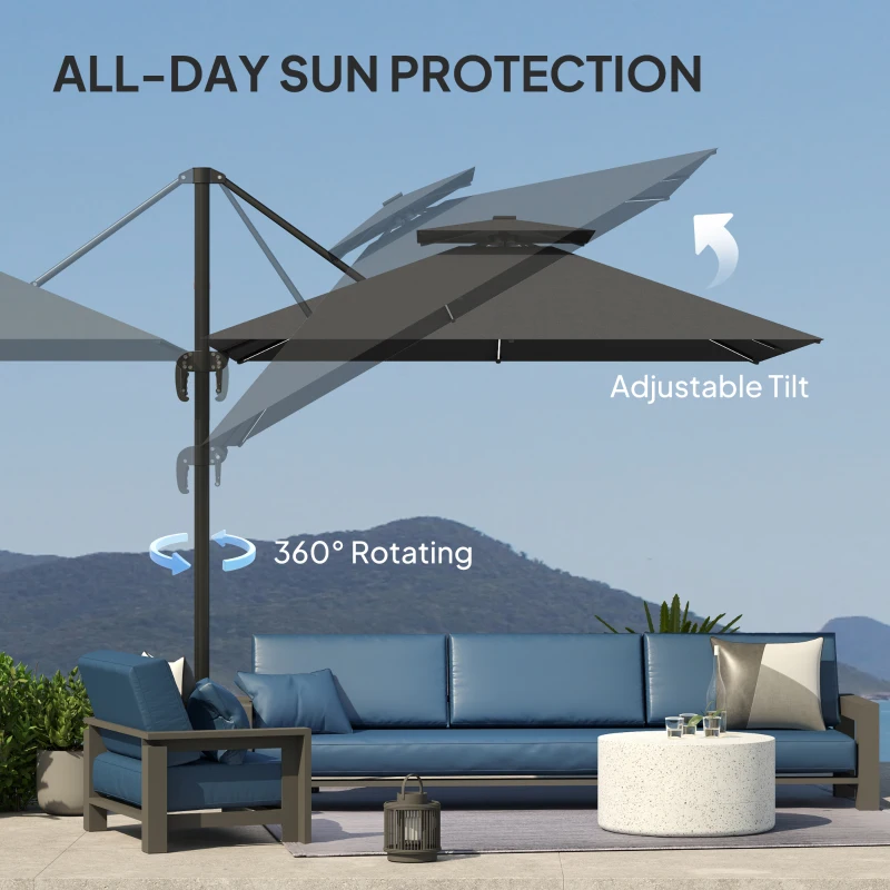 Best 2.5m Cantilever Parasol with Solar Powered LED Lights, 360° Rotation, Tilt Adjustment, Crank Handle, Dark Grey - Image 4
