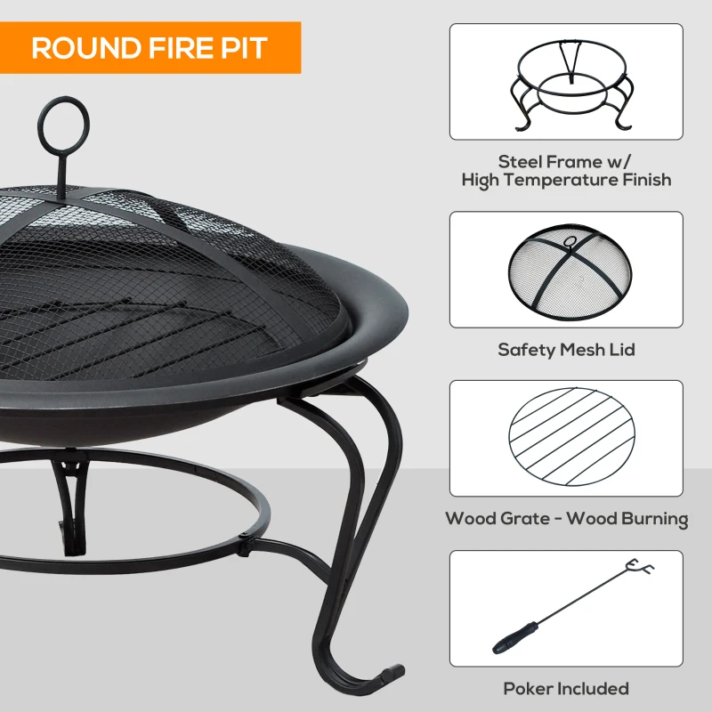 Best Metal Firepit Bowl Outdoor Round Fire Pit w/ Lid, Log Grate, Poker for Backyard, Camping, BBQ, Bonfire, Wood Burning Stove, 56 x 56 x 45cm, Black - Image 6