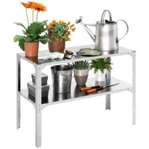 Best 2 Tier Potting Bench Table, Galvanised Steel Garden Planting Work Bench Workstation with Storage Shelf for Outdoor, Patio, Greenhouse, 110 x 50 x 75 cm, Silver Tone