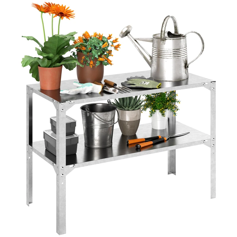 Best 2 Tier Potting Bench Table, Galvanised Steel Garden Planting Work Bench Workstation with Storage Shelf for Outdoor, Patio, Greenhouse, 110 x 50 x 75 cm, Silver Tone