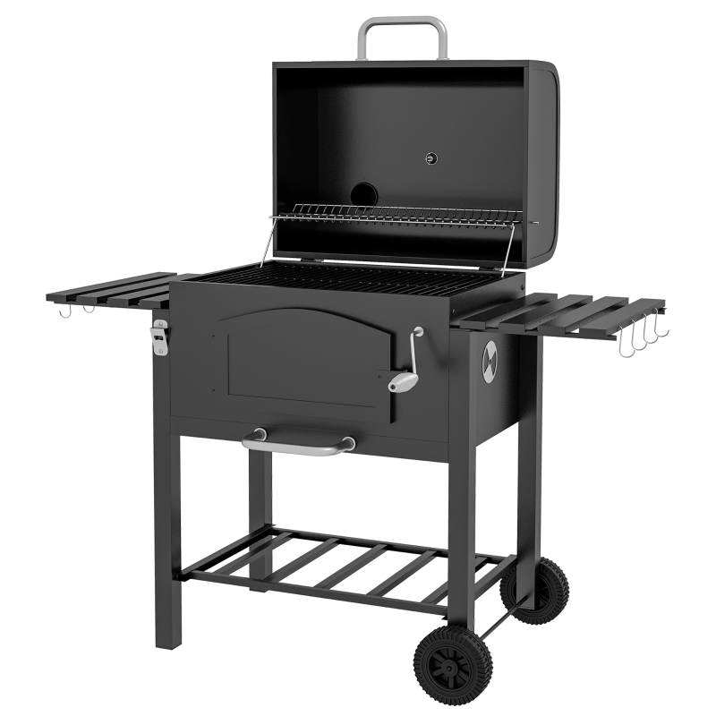 Best Charcoal Barbecue Grill Trolley Garden Smoker with Shelves, Adjustable Height, Thermometer on Lid, Opener and Wheels - Image 11