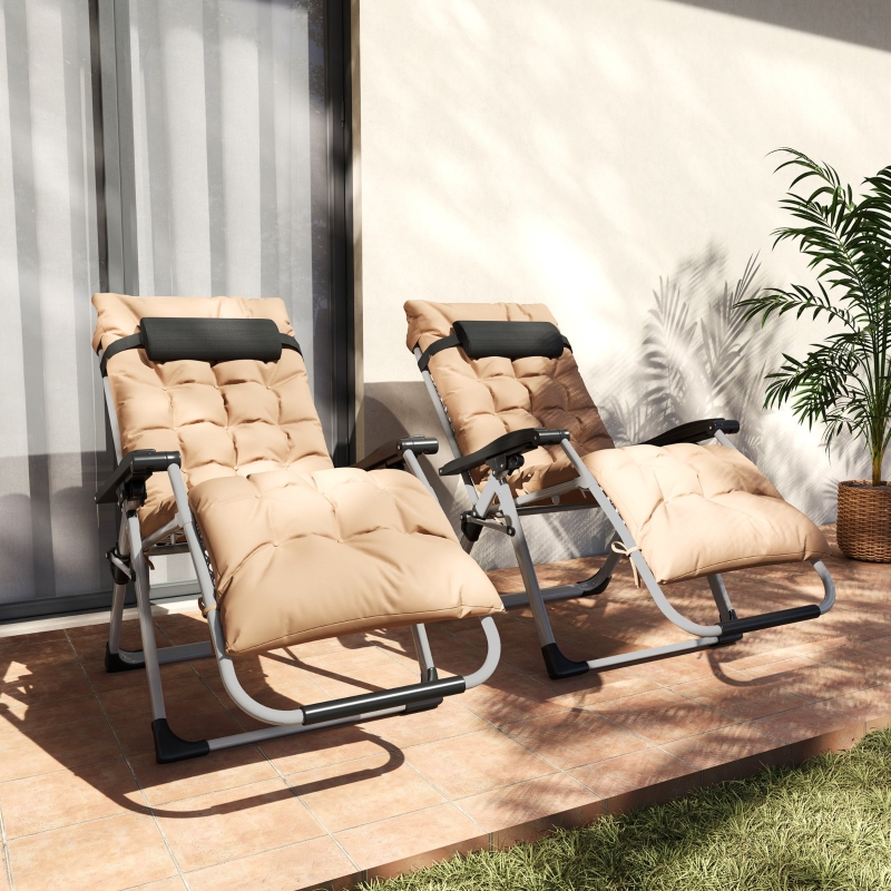 Best 2 Piece Reclining Zero Gravity Sun Loungers with Cushions, Khaki - Image 9