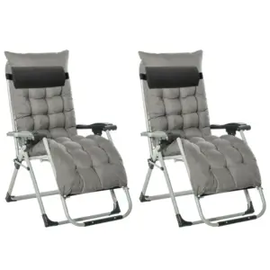 Best 2pc Reclining Zero Gravity Sun Loungers ,Folding Chaise Lounge Chair with Cushions, Dark Grey