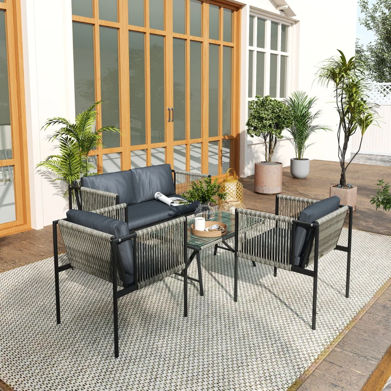 Best 4 Piece Rattan Garden Furniture Set, 4 Seater Wicker Outdoor Furniture Set with 2 Armchairs, Loveseat, Glass Top Coffee Table and Cushions for Balcony, Porch, Grey - Image 8