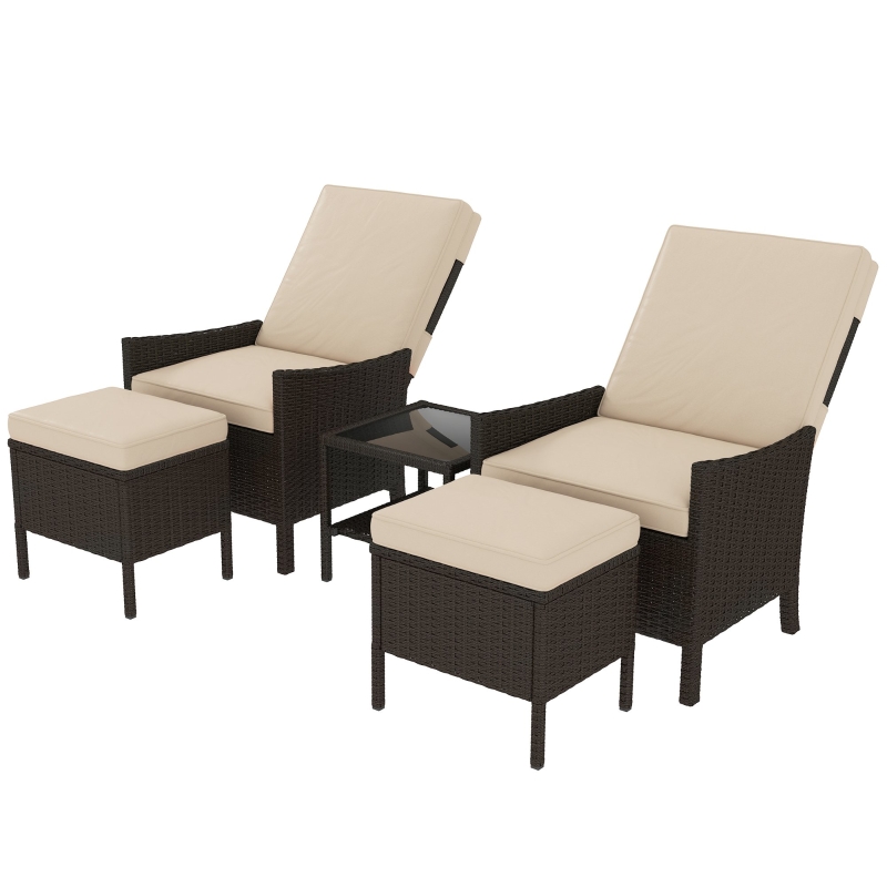 Best 5 Piece Rattan Garden Furniture Set, Wicker Patio Sofa Set with 2 Armchairs, 2 Footstools, Glass Top Coffee Table with Shelf, Outdoor Furniture with Adjustable Backrests, Cushions, Khaki - Image 11