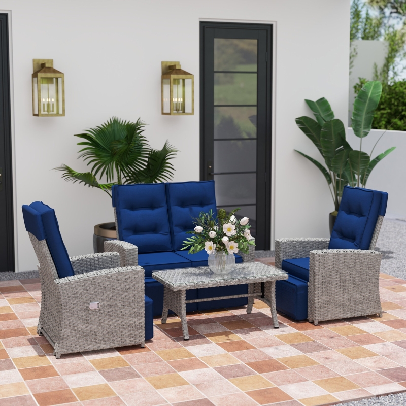 Best 4 Piece Rattan Garden Furniture Set Outdoor Sofa Sectional Set with Glass Top Table for Poolside, Navy Blue - Image 10